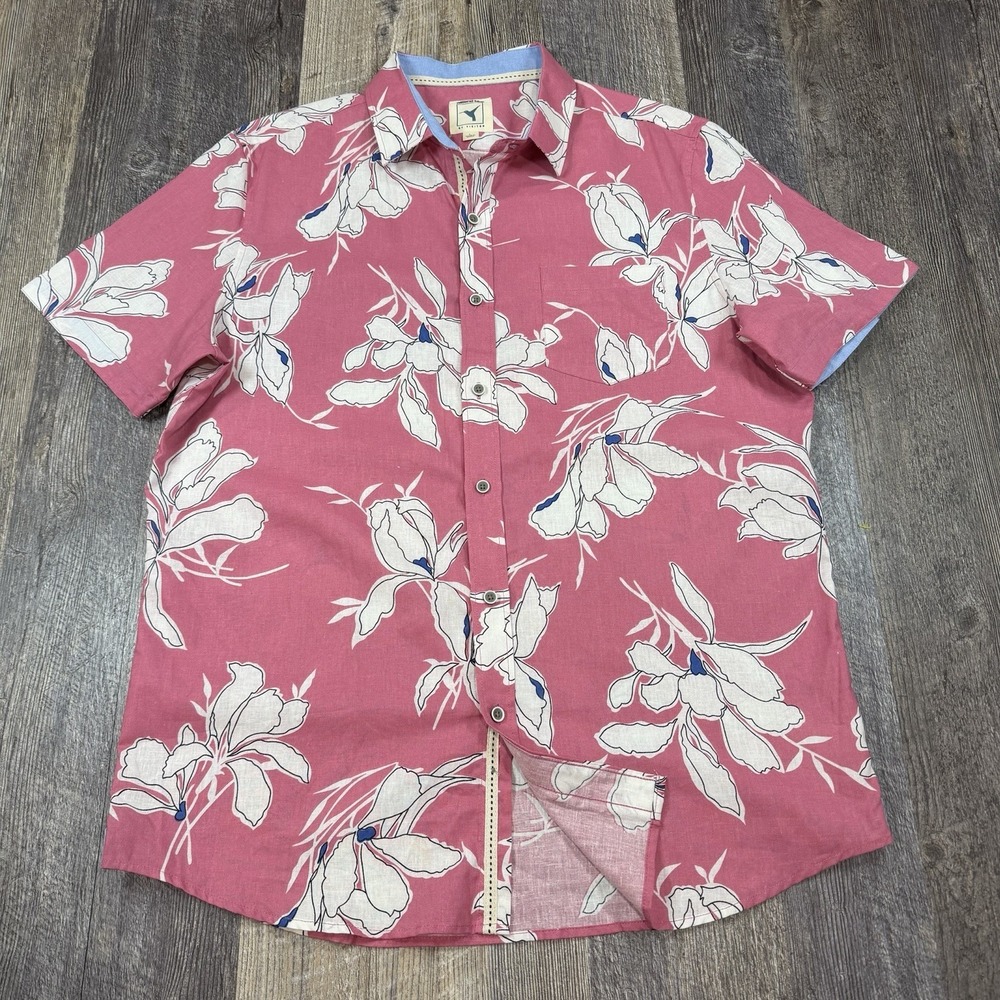Natural Blue Visitor Mens Linen Blend Button Up‎ Shirt Pink Floral Hawaiian L